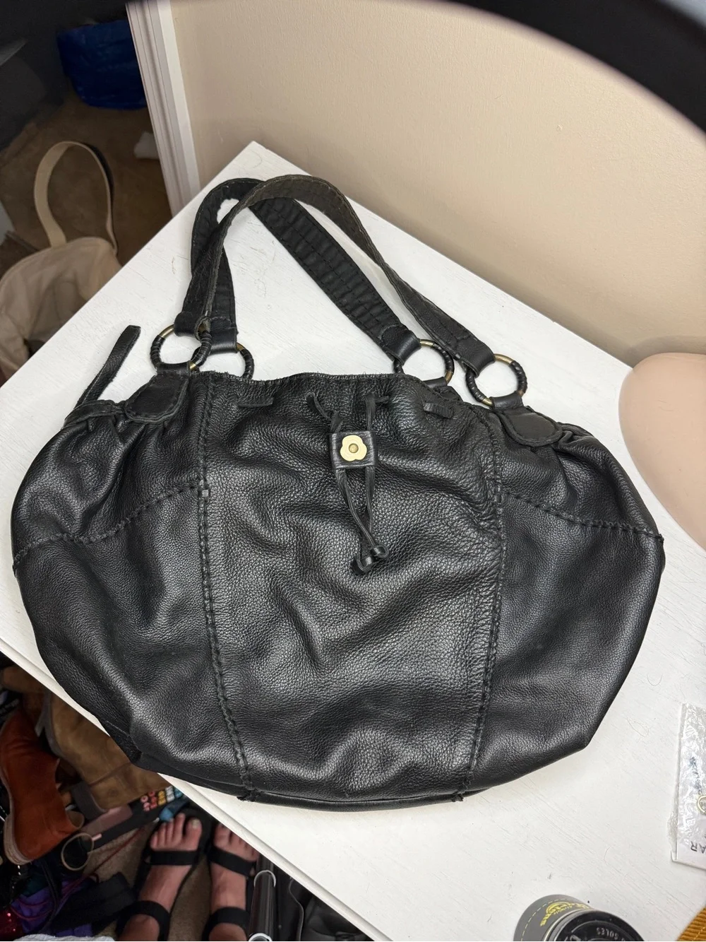 Lucky Brand Y2K Black Leather Drawstring Flower Hippie Hobo bag